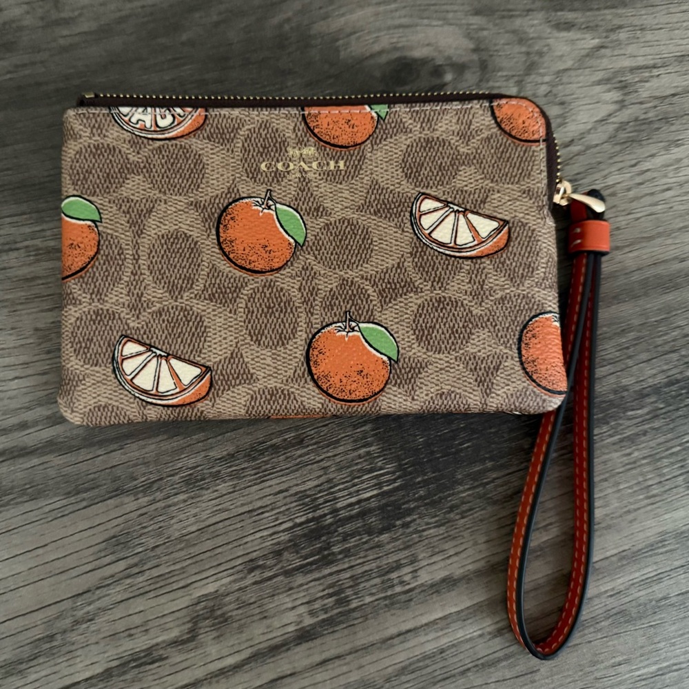 Coach Brown and Orange Citrus Print Wristlet